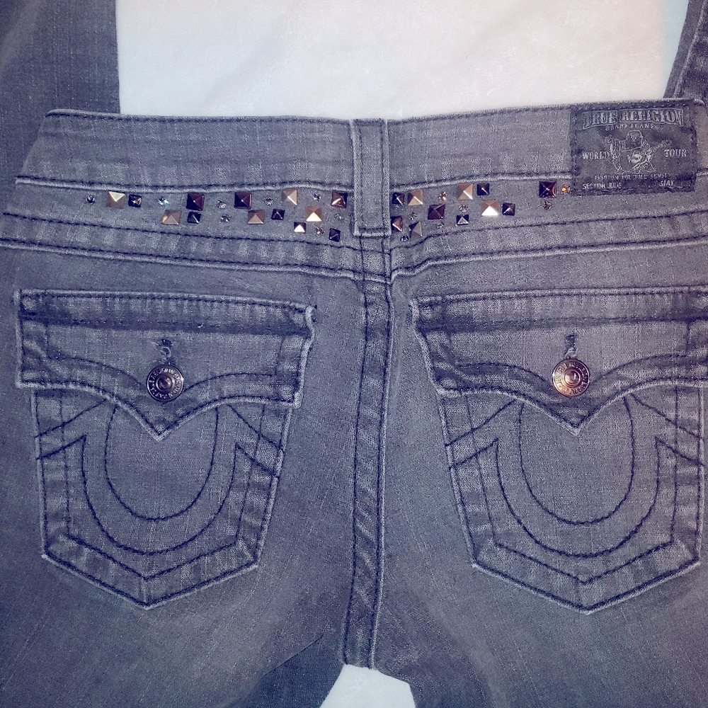 Distressed black True Religion jean